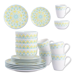 LIVINGBASICS 16-Piece Round Porcelain Prints Dinnerware Set, Service for 4 With 10.5-Inch Dinner Plate, 7.5-Inch Salad Plate, 5.6-Inch Bowl, 12OZ Mug