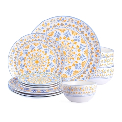 LIVINGBASICS 12-Piece Round Vintage Floral Porcelain Dinnerware Set, Service for 4, 4 Each Of 10.5-Inch Dinner Plates, 7.5-Inch Salad Plates