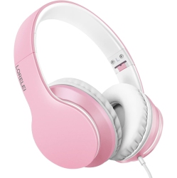 LORELEI Foldable Over-Ear Headphones \w Mic, Portable Stereo Bass Wired Headset, Tangle-Free 1.45M Cable, Ideal for Smartphones, Tablets, Mp3/4 (Pink)