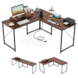 GYMAX L-Shaped Reversible Computer Desk 2-Person Long Table W/monitor Stand