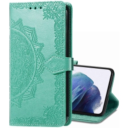 LEDEX Leather Flip Wallet Case Card Holder Embossed Mandala Floral Pattern Premium Skyxd Luxury 3D for Samsung Galaxy S21 Fe (Mint Green)