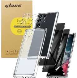 NAVOR [5 In 1] Privacy Screen Protector And Clear Case for Samsung Galaxy S22 Ultra 5G 6.8", 2 Tempered Glass Camera Lens Protector+2 Flexible Tpu