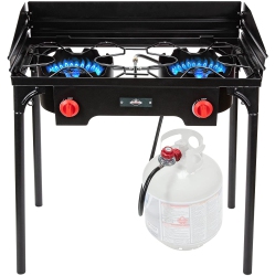 HIKE CREW Cast Iron Double-Burner Outdoor Gas Stove | 150, 000 Btu Portable Propane-Powered Cooktop \w Removable Legs, Temperature Control Knobs