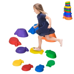 OUTSUNNY 11PCs Balance Stepping Stones for Kids, Fish Style Non-Slip Obstacle Course, Larger Size Stackable Balance Blocks Indoor Outdoor