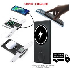 STIMULA LIFESTYLE 3-In-1 Magsafe Magnetic Fast Wireless Charger Battery Powerbank for Apple (Airpods Pro, Watch, Iphone 11 12 13 14 & Newer)