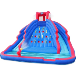 SUNNY & FUN Deluxe Inflatable Water Slide Park – Heavy-Duty Nylon Bouncy Station for Outdoor Fun - Climbing Wall, Two Slides & Splash Pool –