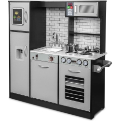 JUMBL Pretend Wooden Play Kitchen Toy Set, Realistic Design \w Interactive Battery Operated Sound Elements, Microwave, Ice Machine, Chalkboard