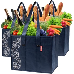 PLANET E Reusable Foldable Washable Grocery Shopping Bags With Reinforced Bottoms (Set Of 3) In Navy