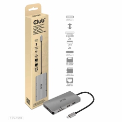 Club3D USB-C 3.2 Gen 1 8-in-1 Hub with 2X HDMI/2X USB/RJ45/SD/Micro SD Card Slots and USB-C Female Port | in Gray