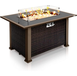 SERENELIFE Outdoor Propane Fire Pit Table - Csa Approved Safe 50, 000Btu Auto-Ignition Propane Gas Fire Table - Rattan Panel, Glass Wind Guard