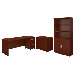 BBF Series C 72"w Office Desk With Bookcase And File Cabinets In In Mahogany