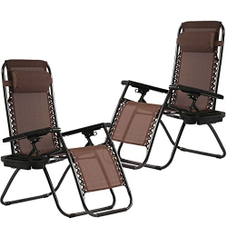 FDW Zero Gravity Chairs Set Of 2 With Pillow And Cup Holder Patio Outdoor Adjustable Dining Reclining Folding Chairs for Deck Patio Beach Yard (Brown)