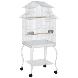 PAWHUT 53.9" Large Rolling Steel Bird Cage Bird House With Detachable Rolling Stand, Storage Shelf, Wood Perch, Food Container In White
