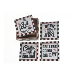 MAISON CONCEPTS Set Of 4 Wooden Coaster With Holder (Barbeque)