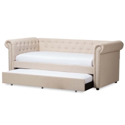 BOWERY HILL Contemporary Fabric Daybed With Trundle In Light In Beige