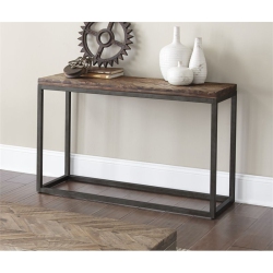 BOWERY HILL Console Table In Distressed Wood With Nickel Base In Brown