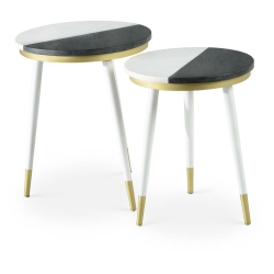 BOWERY HILL Black And Marble Top 2-Pack Round Side Table Set In White