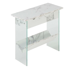 CONVENIENCE CONCEPTS Soho Electric Flip Top End Table In Faux Marble Wood Finish W/ Clear Glass In White