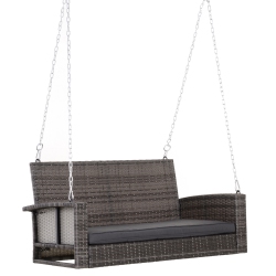 OUTSUNNY 2-Person Patio Porch Swing Chair, Outdoor Rattan Hanging Bench With Cushion & 7.2 Ft Steel Chains In Grey