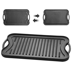 LIVINGBASICS Pre-Seasoned Cast Iron Reversible Grill Pan Reversible Kitchen Griddle Plate With Handles, 16.5" X 9.9" X 0.8