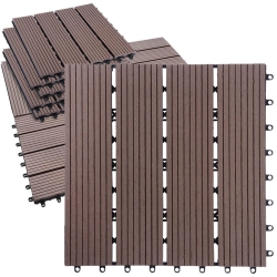 LIVINGBASICS 9 Pack Garden Balcony Deck Tiles, 12"x12" Wood Plastic Composite Patio Decking \w 4-Slat Pattern Outdoor Flooring Decking for Patio