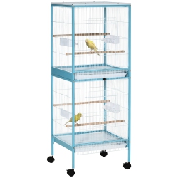 PAWHUT 55.1" 2 In 1 Bird Cage Aviary Parakeet House for Finches, Budgies With Wheels, Slide-Out Trays, Wood Perch, Food Containers In Light Blue
