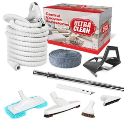 ULTRA CLEAN Central Vacuum Hardwood Accessory Kit - Low Voltage 24 V Hose \w On/off Switch, Telescopic Wand, Deluxe Tool Set, Hose Cover, Dust Mop