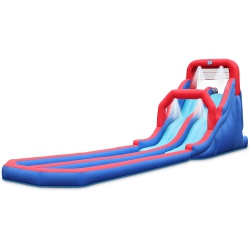 SUNNY & FUN Deluxe Inflatable Water Racing Slide Park – Heavy-Duty Nylon Bouncy Station for Outdoor Fun - Climbing Wall, Two Slides & Splash Pool