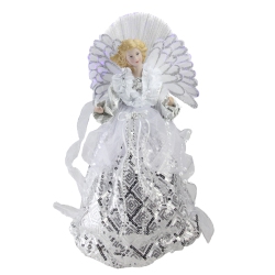 NORTHLIGHT 16" And Silver Lighted Angel Sequined Gown Christmas Tree Topper In White