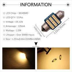 ALBERTATECH Led Dome Light Bulbs 31MM De3175 De3021 De3022 Warm 3000K 3014 Smd for Cars Map License Plate Trunk Interior In White