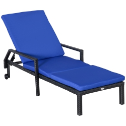 OUTSUNNY Wicker Chaise Lounger Pe Rattan Outdoor Lounge Chair Garden Chair Recliner With 5-Level Adjustable Backrest And 2 Wheels, Dark In Blue