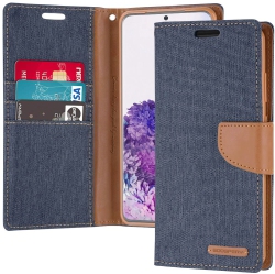 GOOSPERY Topsave Canvas Card Slot W/magnetic Clip Denim Cloth Folio Wallet Flip Samsung Galaxy A33 5G In Navy Blue