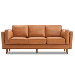VALENCIA SOFA Artisan Modern Top Grain Leather Sofa With Wooden Base, Cognac