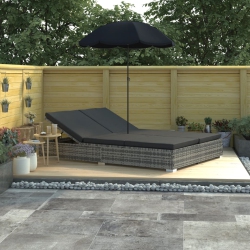 VIDAXL Patio Lounge Bed With Umbrella Poly Rattan In Gray