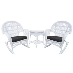 JECO INC. Jeco 3 Piece Wicker Conversation Set In With Black Cushions In White