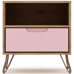 MANHATTAN COMFORT Rockefeller Wood Mid Century Modern Glam Nightstand In Nature & Rose In Pink