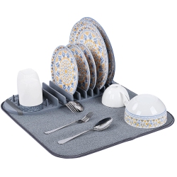 LIVINGBASICS Kitchen Microfiber Dish Drying Mat, Folding Counter Dish Drain Pad With Removable Rack