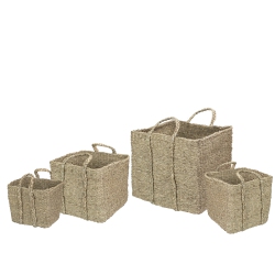 NORTHLIGHT Set Of 4 Rustic Square Wicker Table And Floor Baskets In Beige