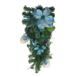 NORTHLIGHT 22" Peacock Feather And Poinsettia Artificial Christmas Teardrop Swag, Unlit