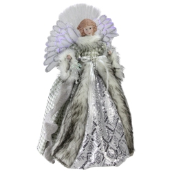 NORTHLIGHT 16" Lighted Fiber Optic Angel In Gingham Coat Christmas Tree Topper In Silver