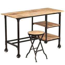 VIDAXL Desk With Folding Stool Solid Wood 45.3"x19.7"x29.9" In Mango