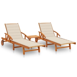 VIDAXL Sun Loungers 2 PCs With Table And Cushions Solid Acacia Wood
