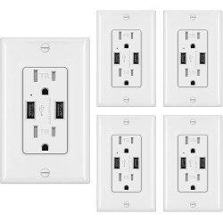ALBERTATECH [5 Pack] 4.2A USB Receptacle, Dual USB Charging Ports And 2 Tamper-Resistant Ac Outlets, Wallplate Included