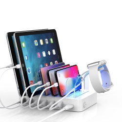 ALBERTATECH Quick Charge 3.0 60W/12A 6-Port USB Charging Station Organizer for Multiple Devices, 8 Short Charging Cables