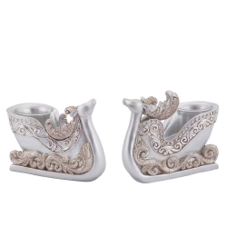 DIVA AT HOME Set Of 2 Reindeer Sleigh Christmas Tea Light Candle Holders 4.5" In Silver