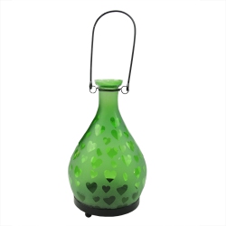 NORTHLIGHT 8.75" Frosted Hearts Glass Bottle Tea Light Candle Lantern Decoration In Green