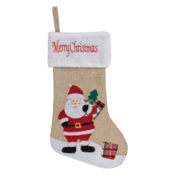NORTHLIGHT 19" Beige And Burlap "merry Christmas" Santa Christmas Stocking In Red