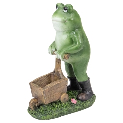 NORTHLIGHT 11.5" Frog Pushing Wheelbarrow Outdoor Garden Statue In Green