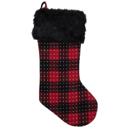 NORTHLIGHT 21.5" And Black Plaid With Dots And Faux Fur Cuff Christmas Stocking In Red