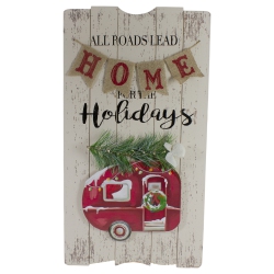 NORTHLIGHT 24-Inch Lighted All Roads Lead Home Vintage Trailer Christmas Wall Sign In Red